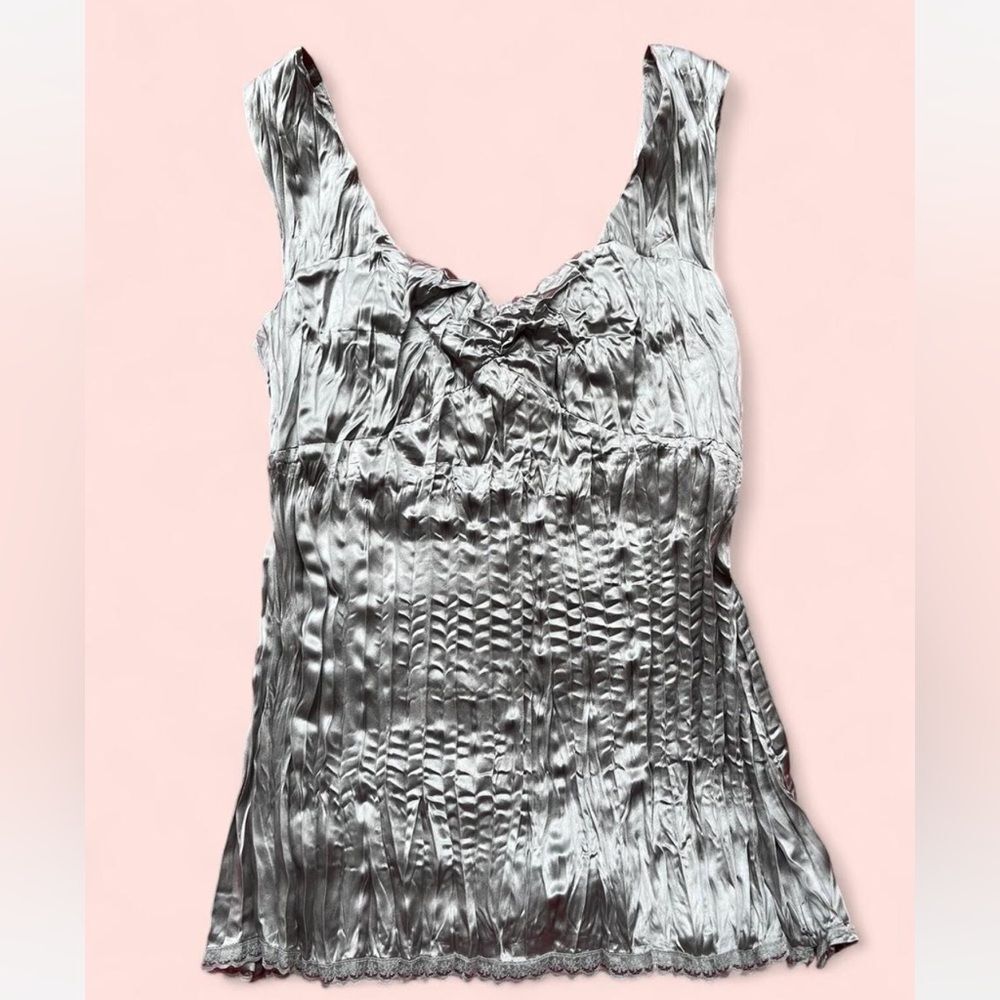 Sigrid Olsen Silver Pleated Satin Tank Top